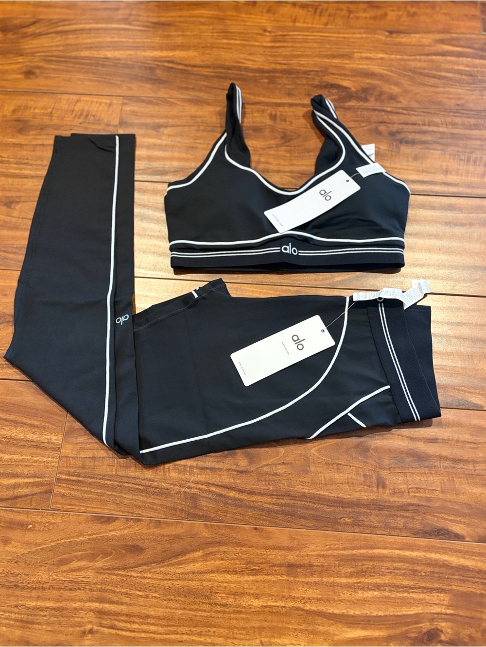 ALO Yoga Black Track Pants & Sports Bra with White Piping